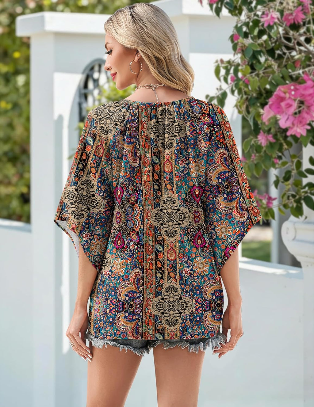 Sofia Blusa Donna – Boho Floreale, Scollo V, Maniche 3/4, Tunica Casual
