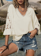 Chiara Blouse Femme – Col V, Manches 3/4 Ajourées, Top Élégant Décontracté