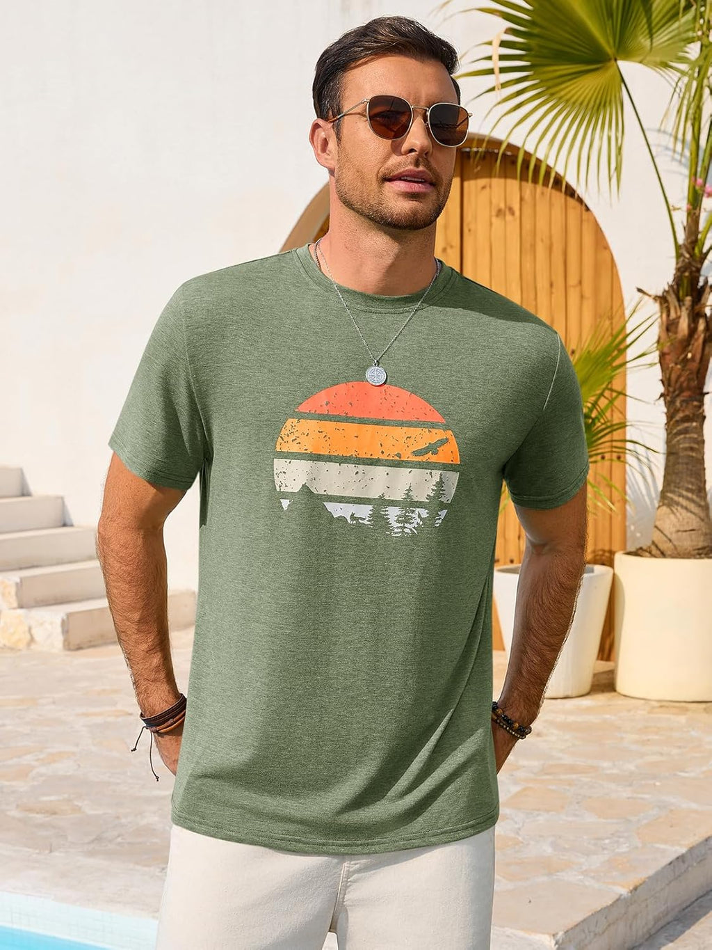 Mario T-Shirt Estiva da Uomo – Maglietta Grafica Vintage con Stampa Tramonto