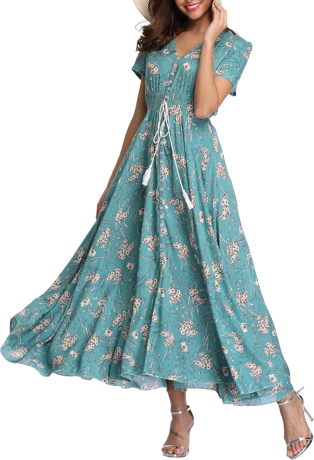 Sienna Vestito Maxi Boho da Donna – Abito Floreale con Scollo V e Bottoni