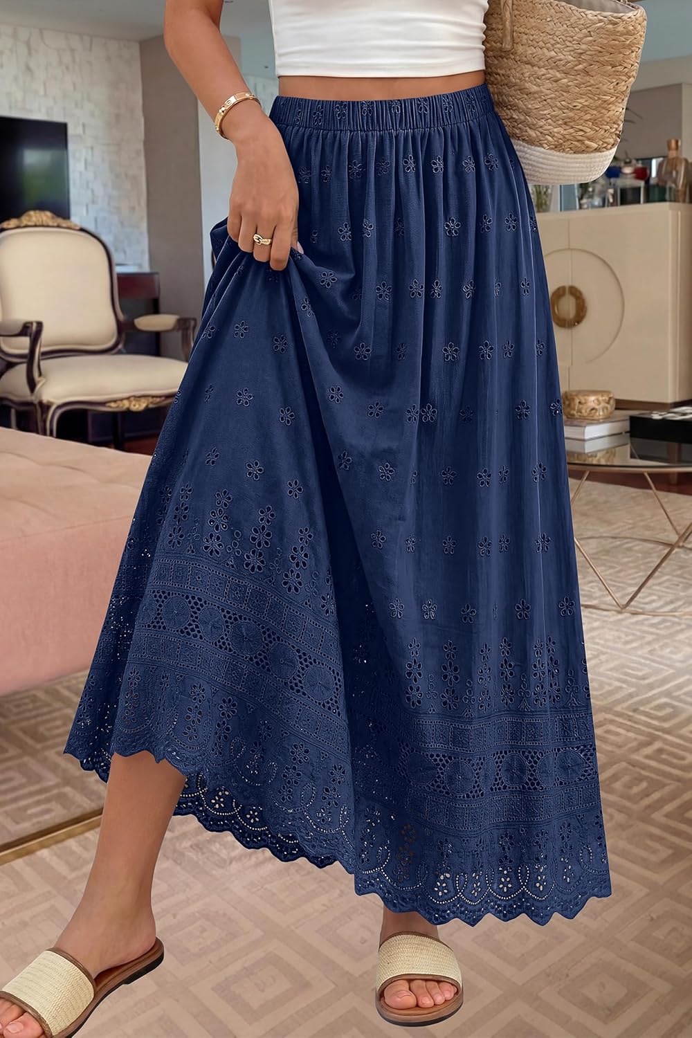 Dowerme Skirt for Women – Boho Maxi Cotton Skirt with Sangallo Embroidery