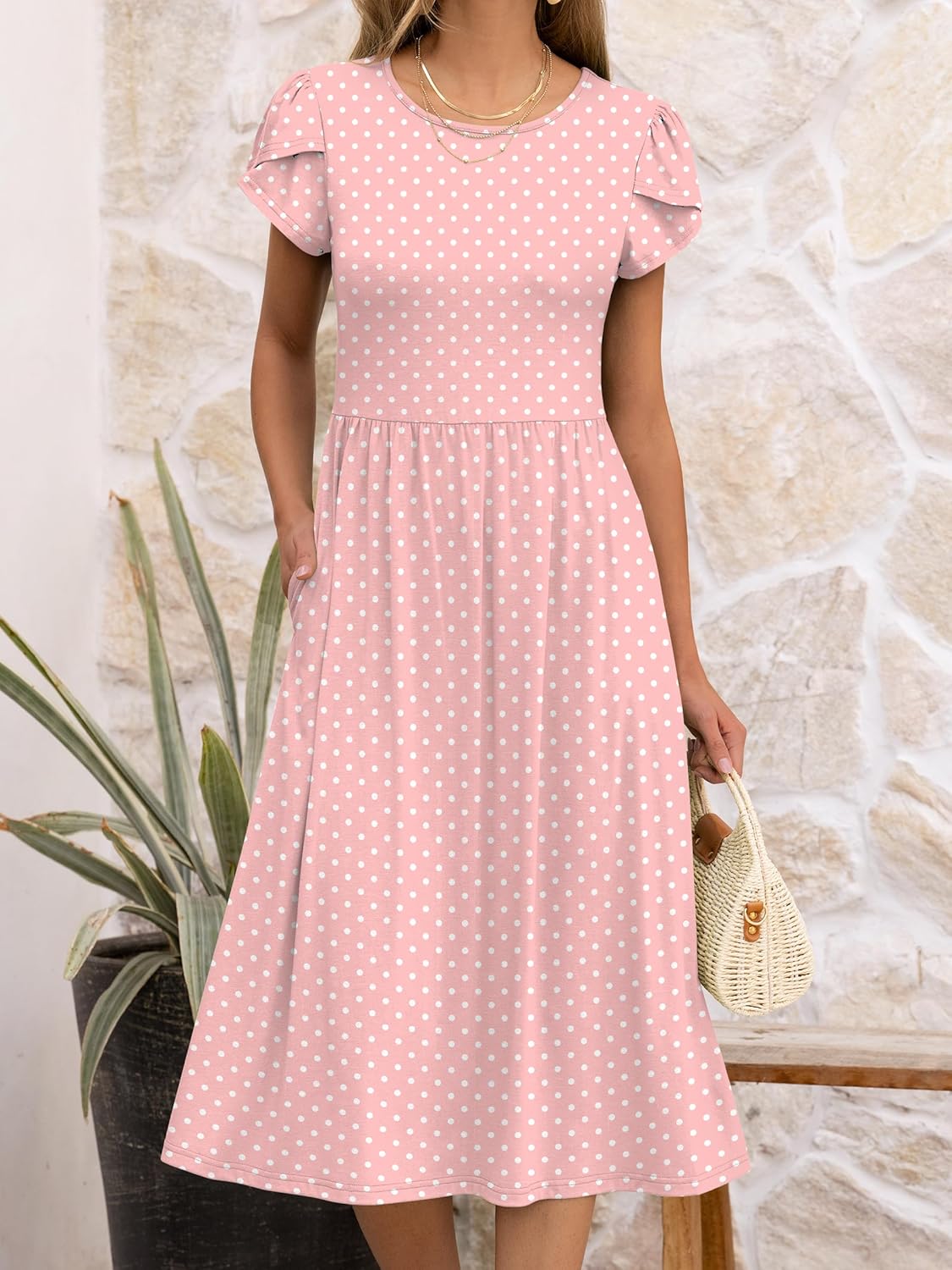 Elisa Robe Femme Midi Florale – Manches Courtes, Col Rond, Ligne A avec Poches