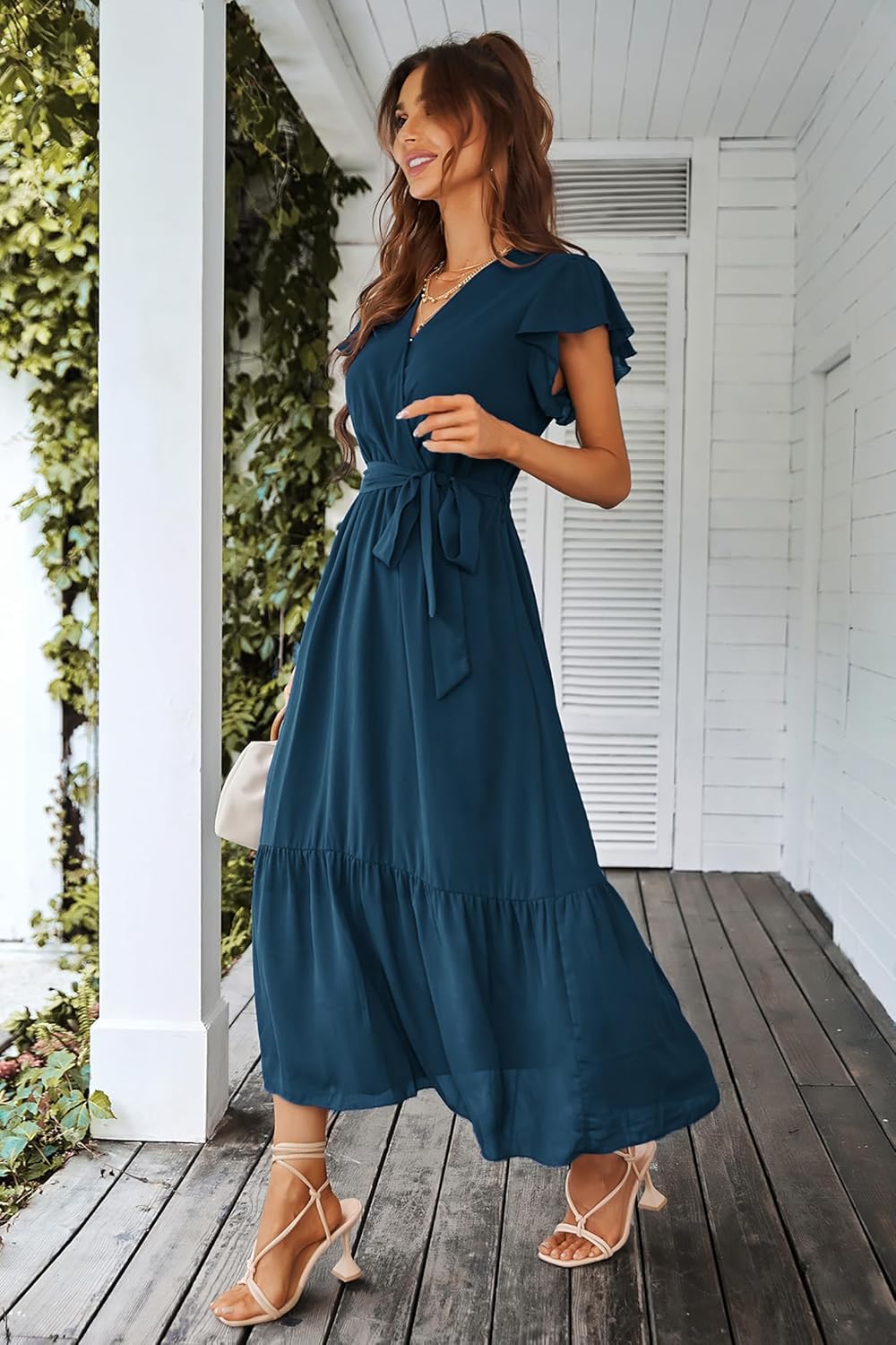 Valentina Vestido Boho para Mujer – Vestido Maxi Floral con Escote en V y Cinturón