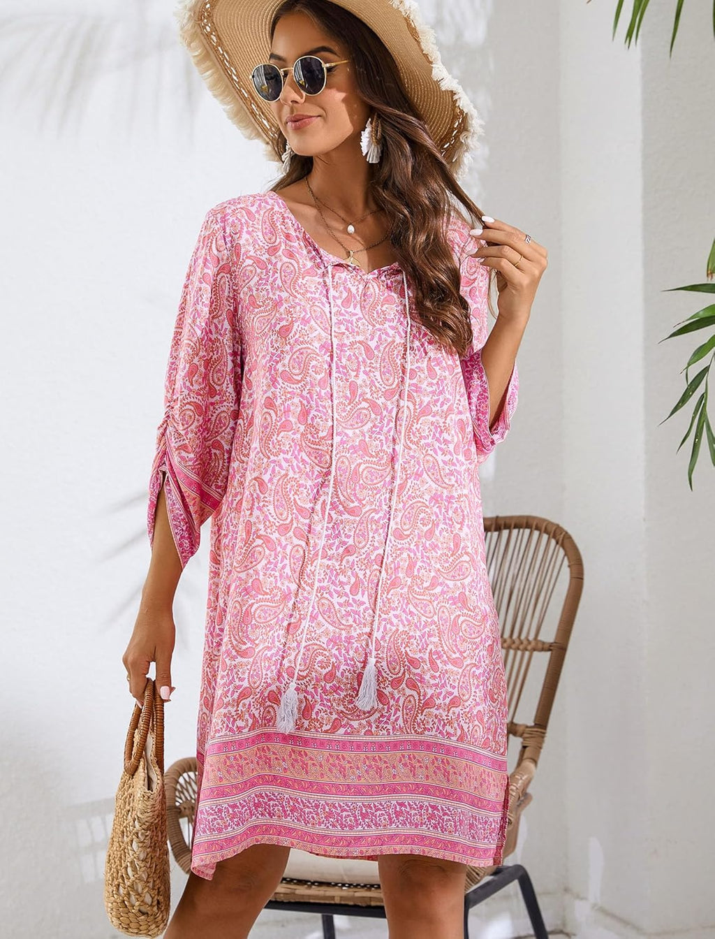 Savannah Robe Bohème Femme – Robe d’Été Florale avec Manches 3/4 et Col V