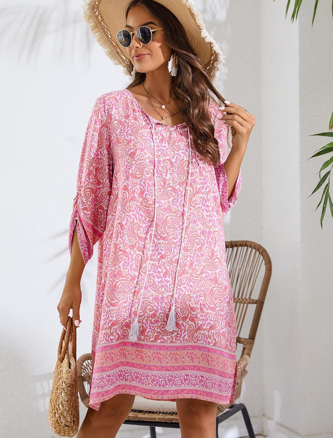 Savannah Robe Bohème Femme – Robe d’Été Florale avec Manches 3/4 et Col V