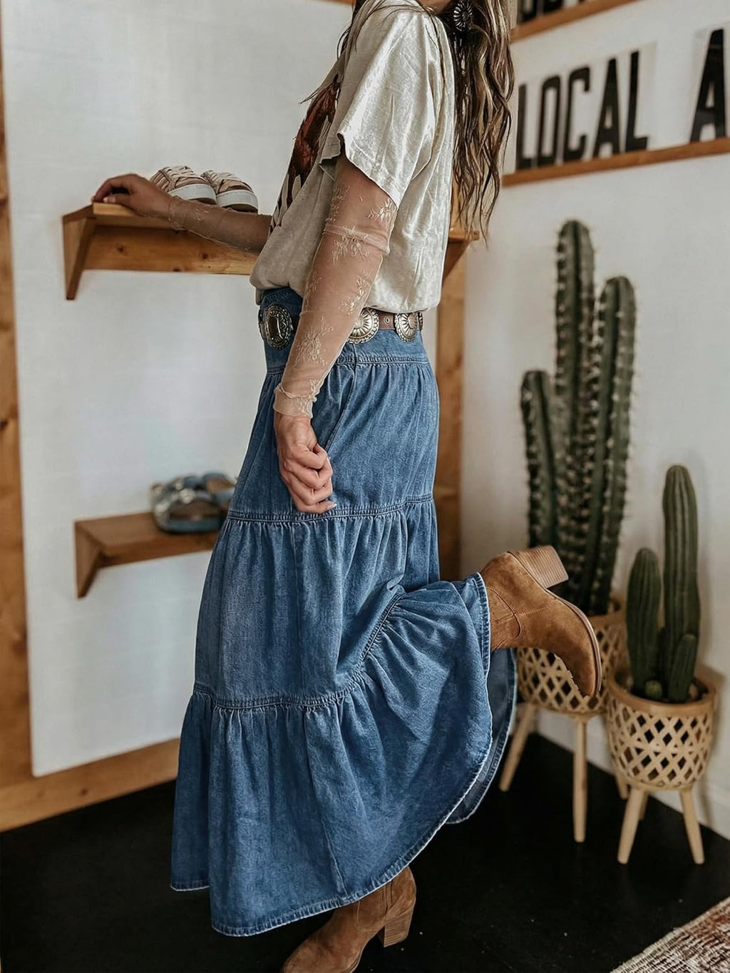 Jupe maxi Verna pour femme en denim – Jupe longue en jean avec volants et poches