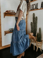 Jupe maxi Verna pour femme en denim – Jupe longue en jean avec volants et poches