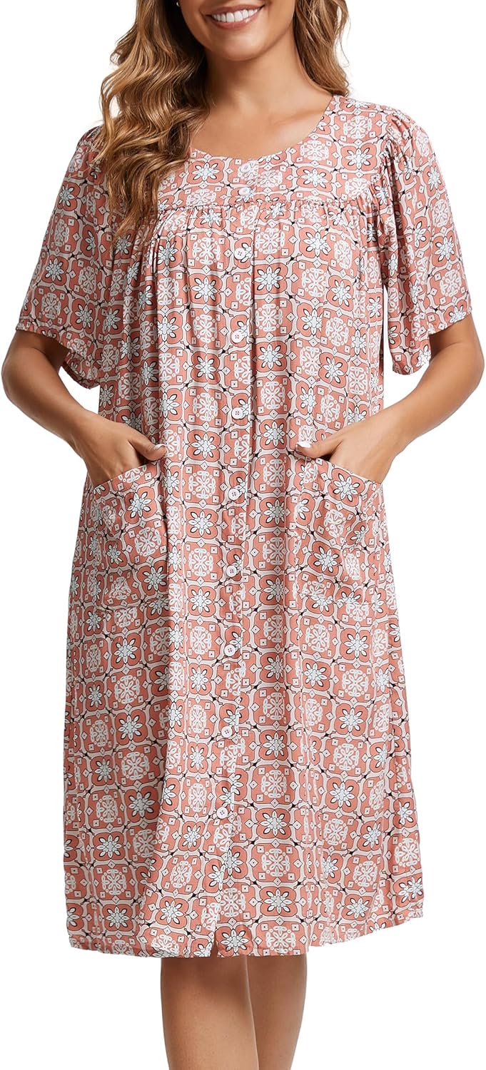 Marta Vestido para Casa Mujer – Vestido Cómodo de Algodón, Botones y Bolsillos para Relajarse