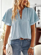 Aurora Blusa Donna – Scollo V, Maniche Volant, Pizzo Crochet Boho Elegante