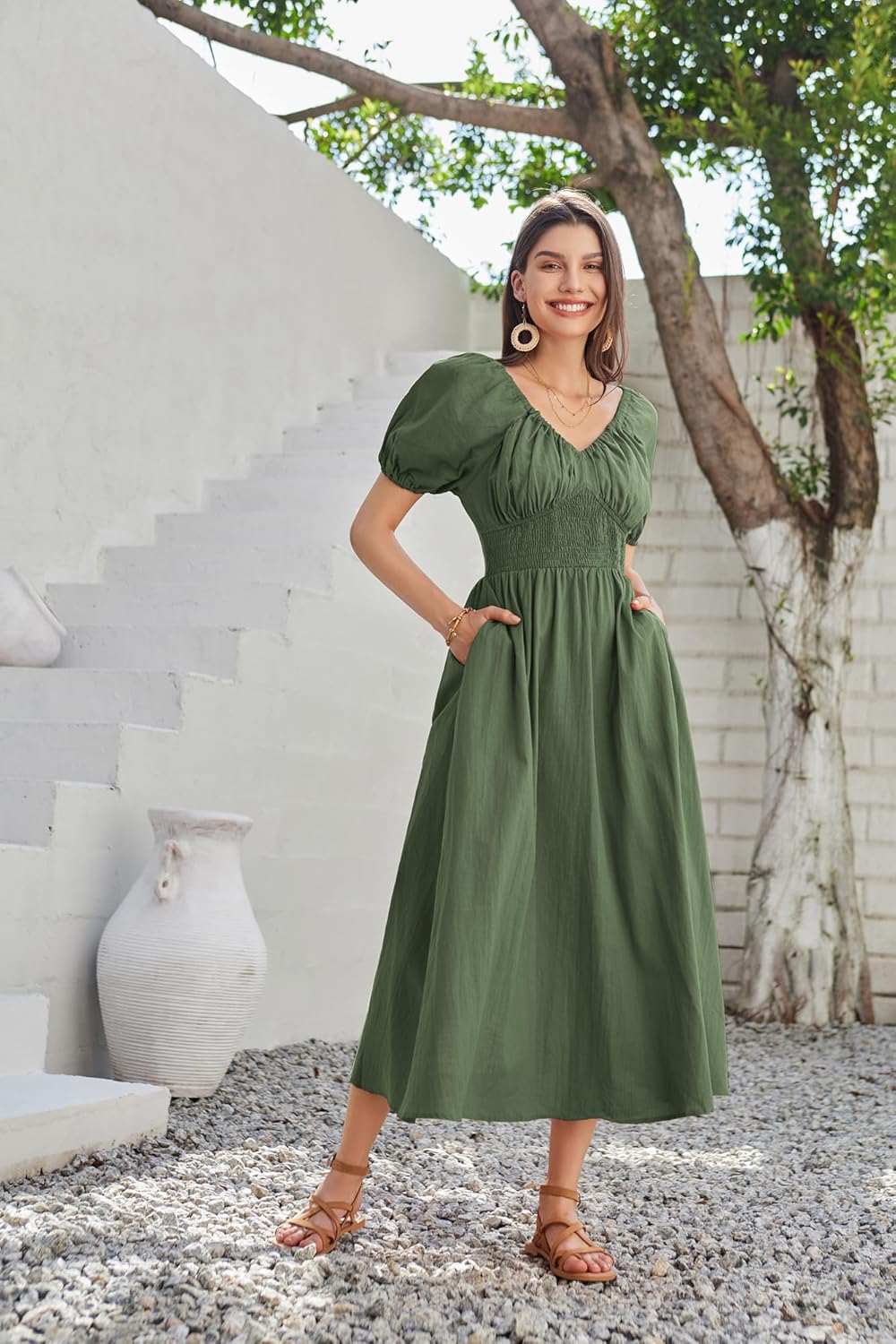 Chiara Abito Donna Maxi Cotone – Scollo V, Maniche Puff, A-Line Elegante