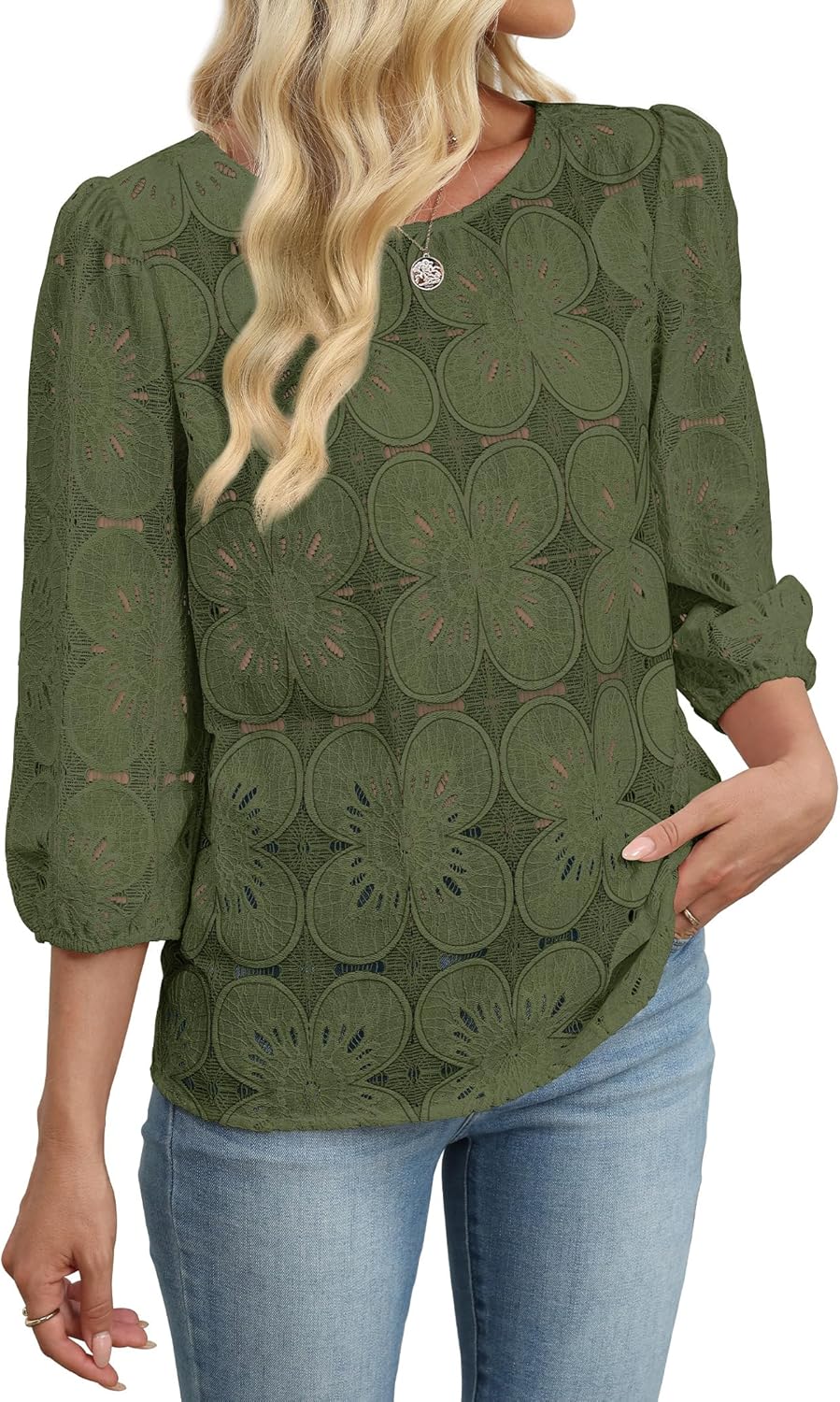 Magdalene Women's Lace Sangallo Blouse – 3/4 Sleeves, Elegant Casual Top Summer
