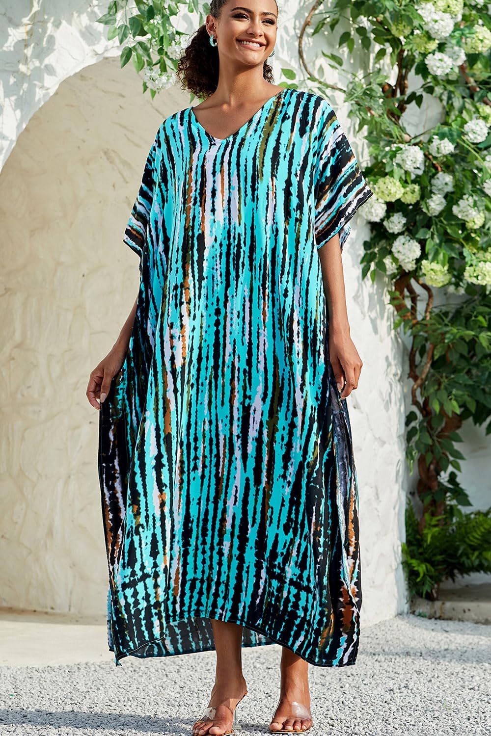 Isla Caftano Floral para Mujer – Vestido Maxi Boho de Playa con Escote en V