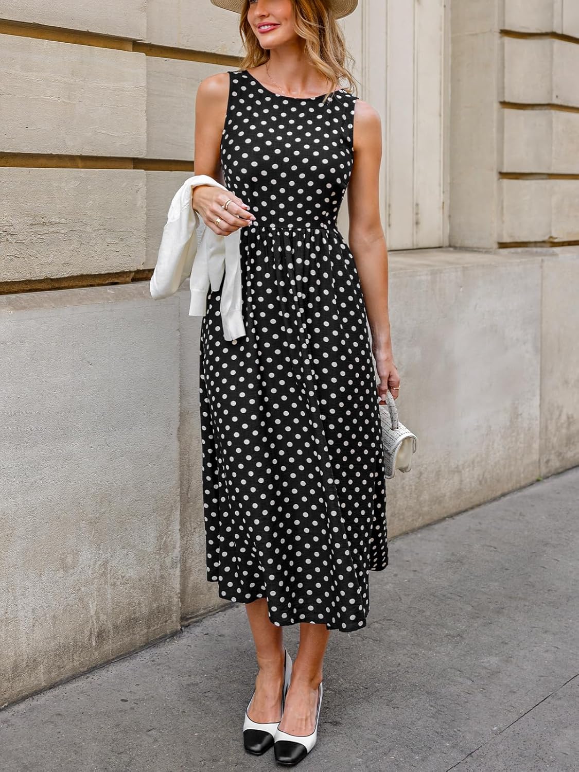 Sophia Vestito Maxi a Pois da Donna – Abito Elegante Senza Maniche con Vita Arricciata