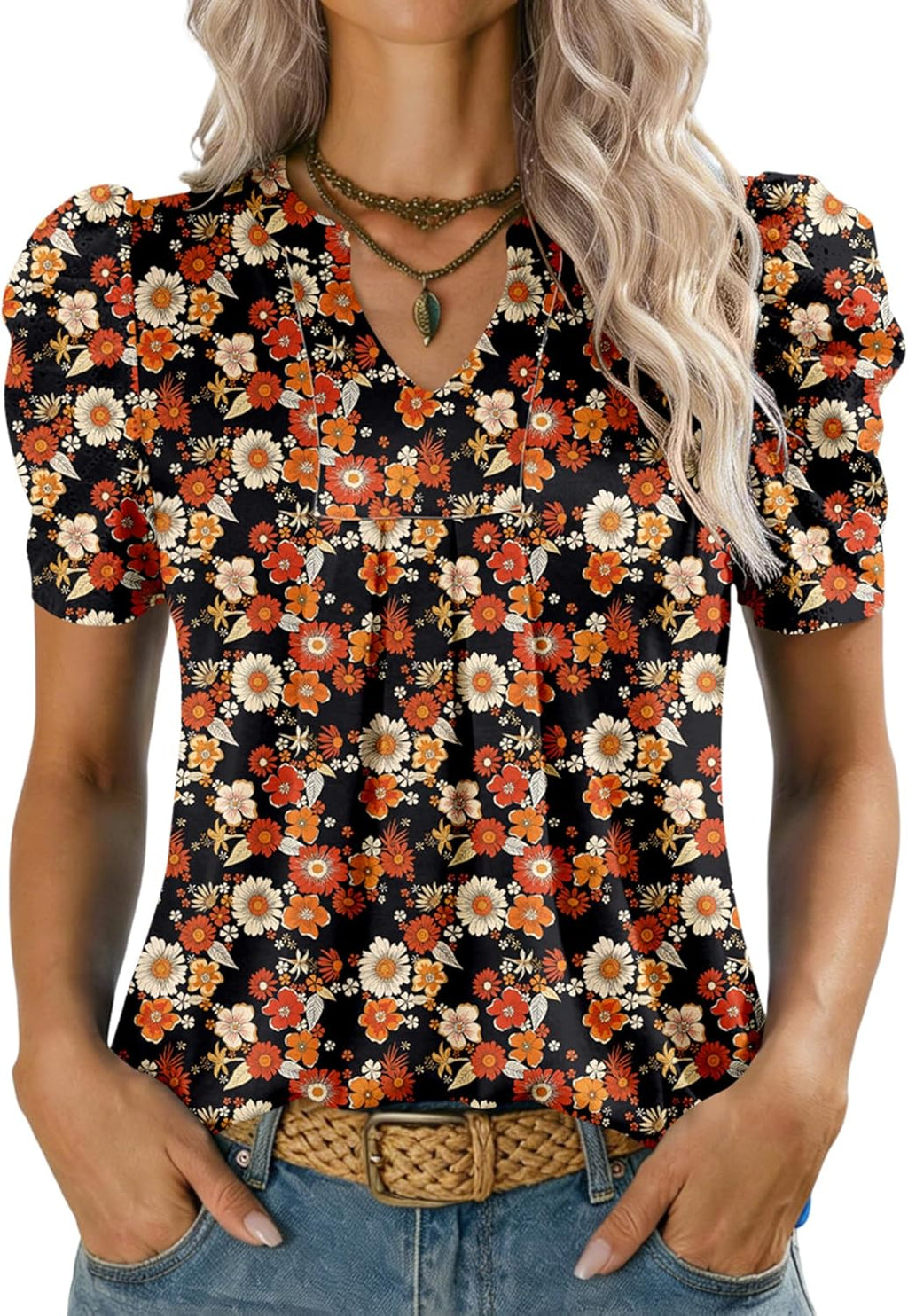 Valentina Top Femme – Col V, Manches Bouffantes, Blouse Décontractée Élégante