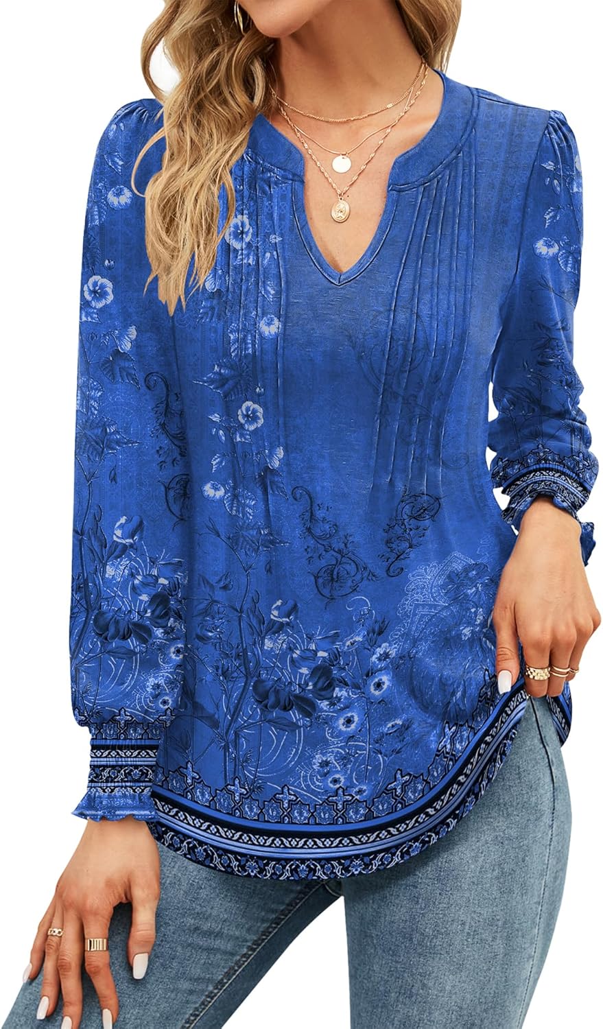 Francesca Blouse Femme – Col V, Manches Bouffantes, Tunique Florale Décontractée