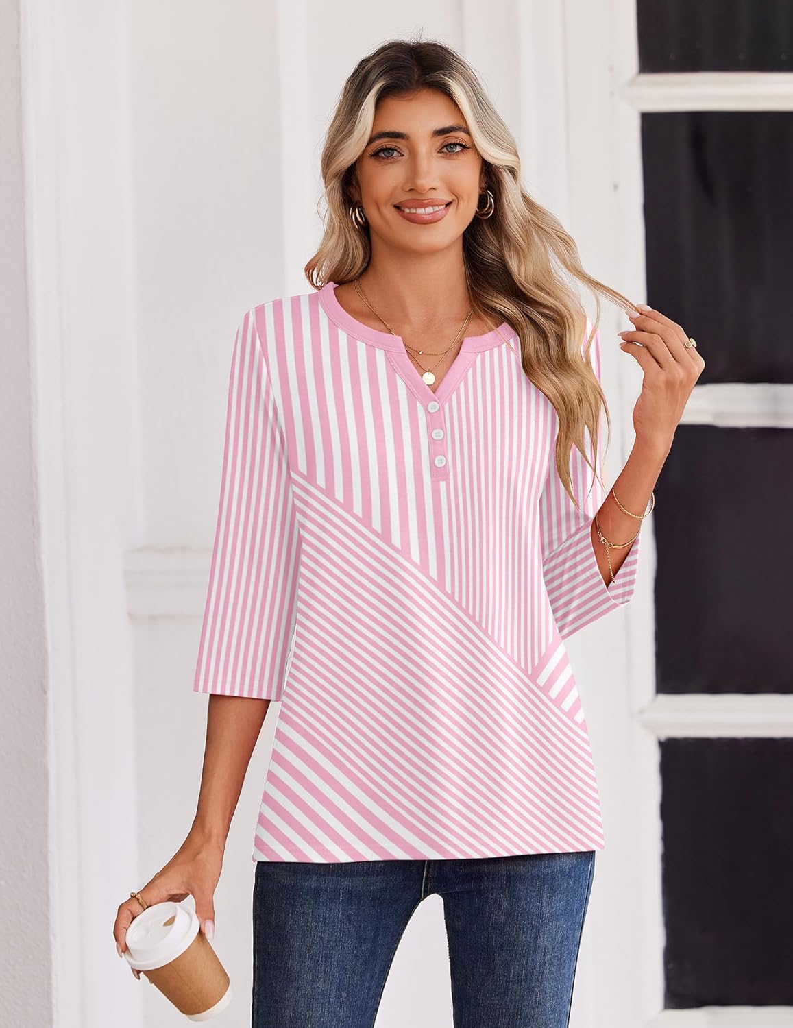 Blusa Elena para mujer – Mangas 3/4, escote henley, top casual elegante para trabajo