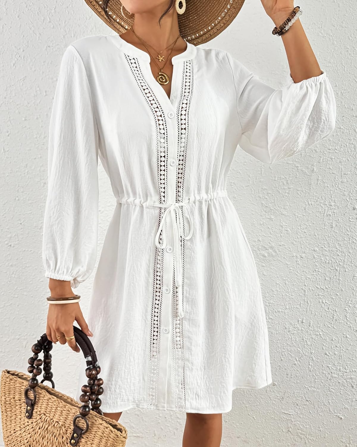 Elisa Vestido de Playa Mujer – Pareo con Escote en V, Botones, Cordón con Bolsillos