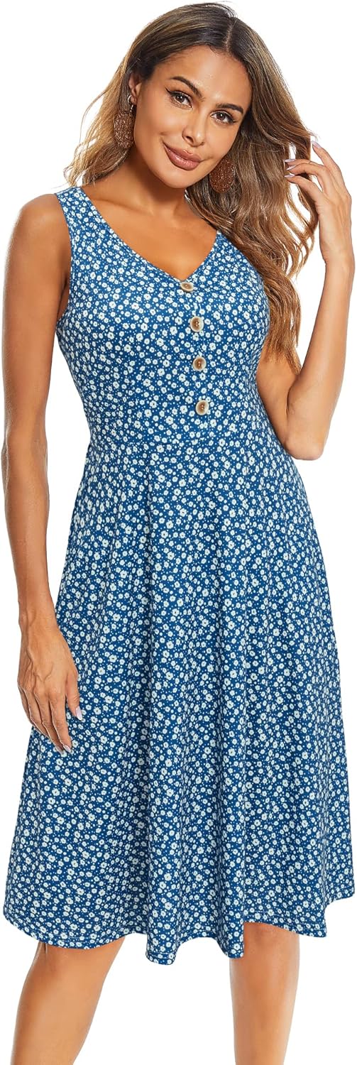 Melany Abito Donna Midi Floreale – Scollo V, Senza Maniche, Tasche Estivo