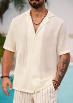 Lorenzo Camicia Crochet Uomo – Camicia Estiva in Maglia Traforata Stile Cuban