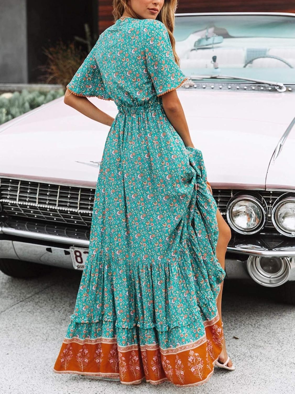 Elisa Abito Donna Maxi Boho – Scollo V Bottoni, Vestito Floreale Estivo Elegante