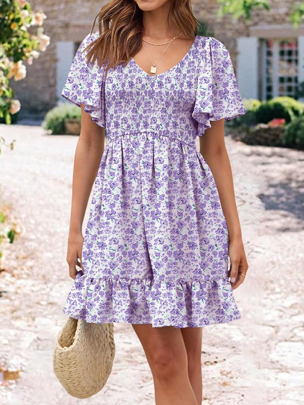 Robe Femme Martina Florale – Col V Smock, Manches Volantées, Ligne A Estivale