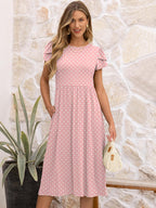 Elisa Robe Femme Midi Florale – Manches Courtes, Col Rond, Ligne A avec Poches