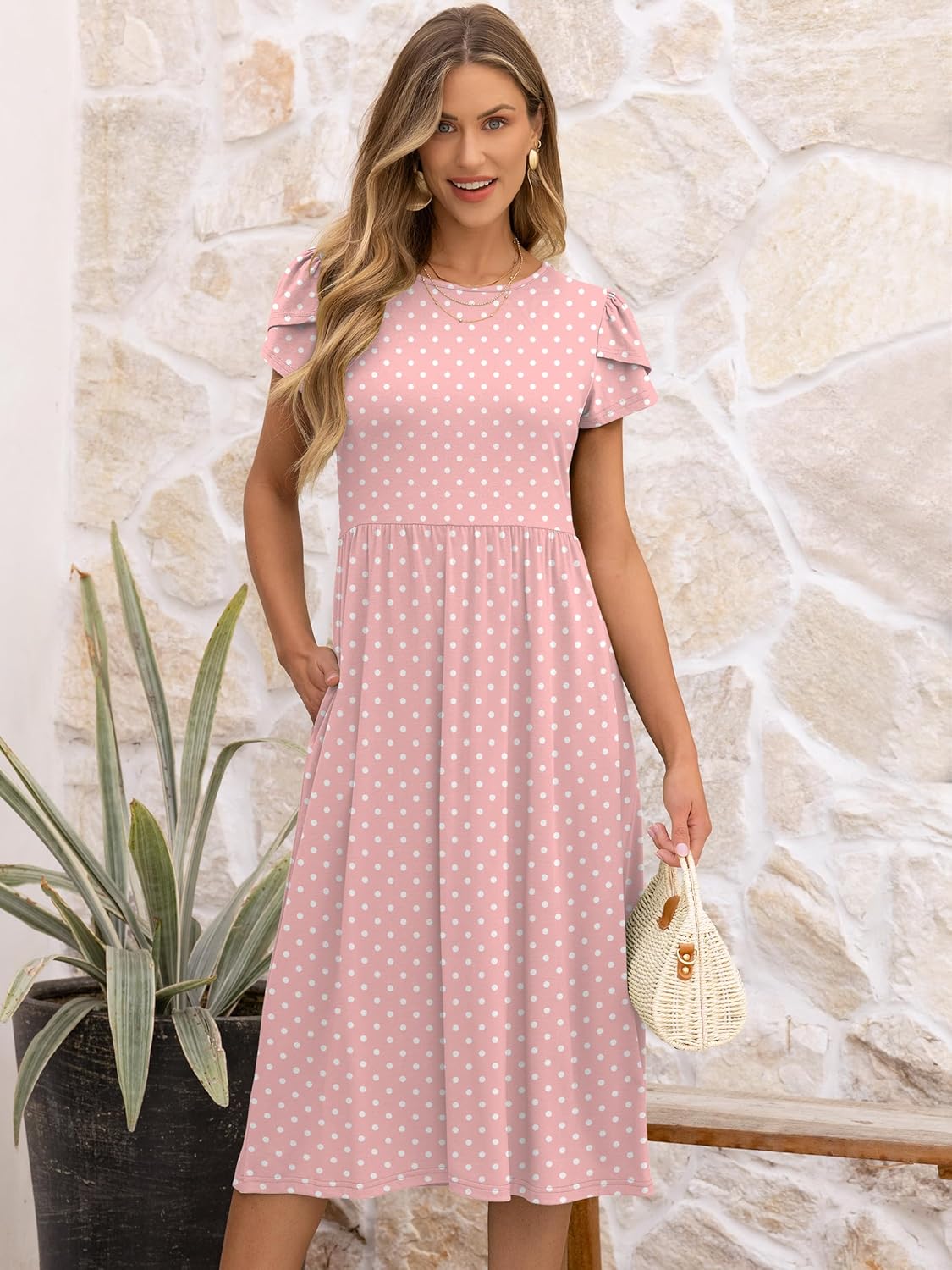 Elisa Robe Femme Midi Florale – Manches Courtes, Col Rond, Ligne A avec Poches