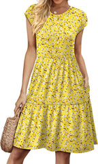 Marjorie Abito Donna Floreale – Maniche Corte, A Balze, A-Line, Tasche Estivo