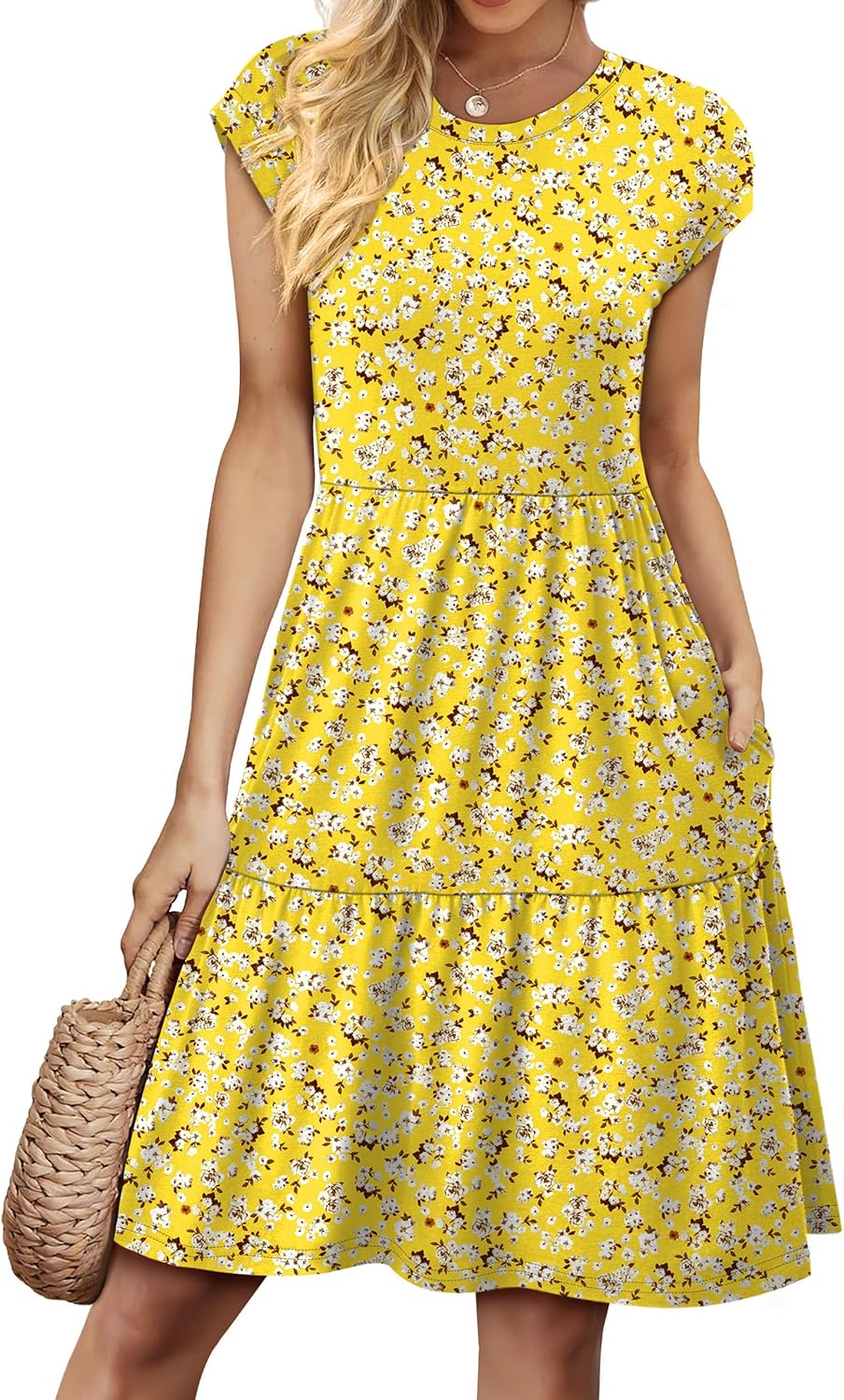 Marjorie Abito Donna Floreale – Maniche Corte, A Balze, A-Line, Tasche Estivo