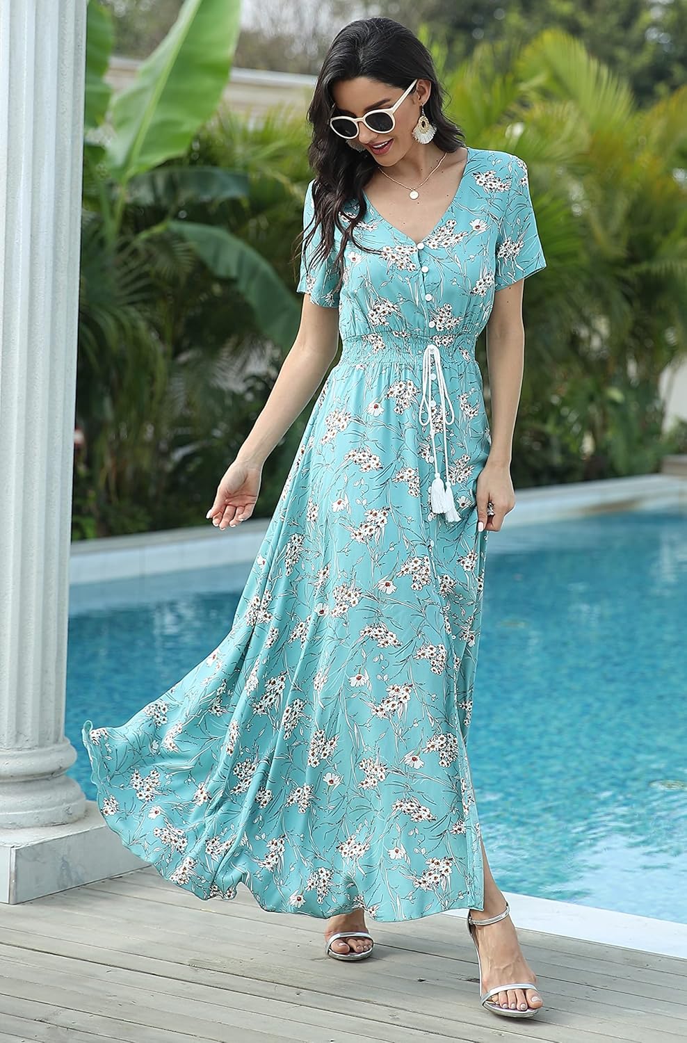 Sienna Vestito Maxi Boho da Donna – Abito Floreale con Scollo V e Bottoni