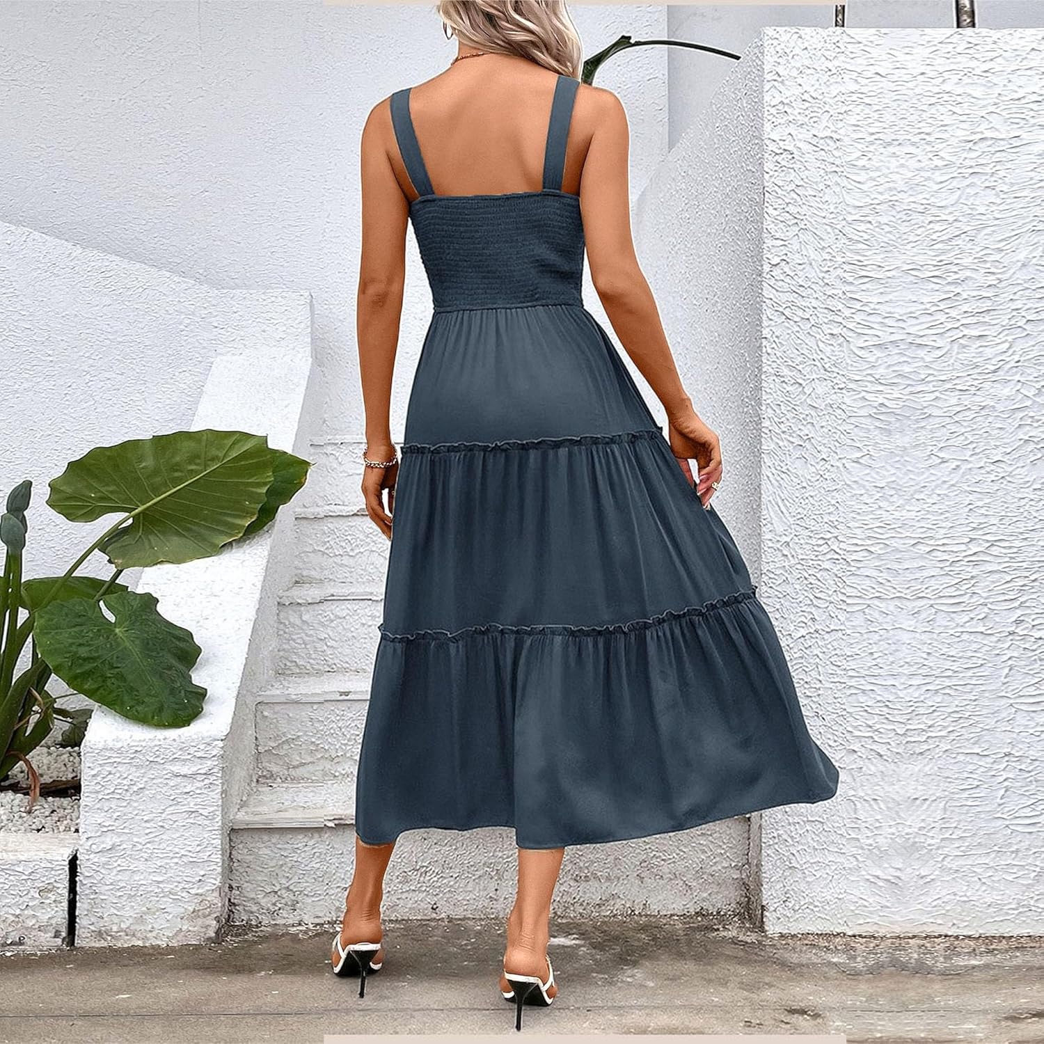 Olivia Vestito Maxi Estivo da Donna – Abito Fluido con Spalline Elastiche e Balze