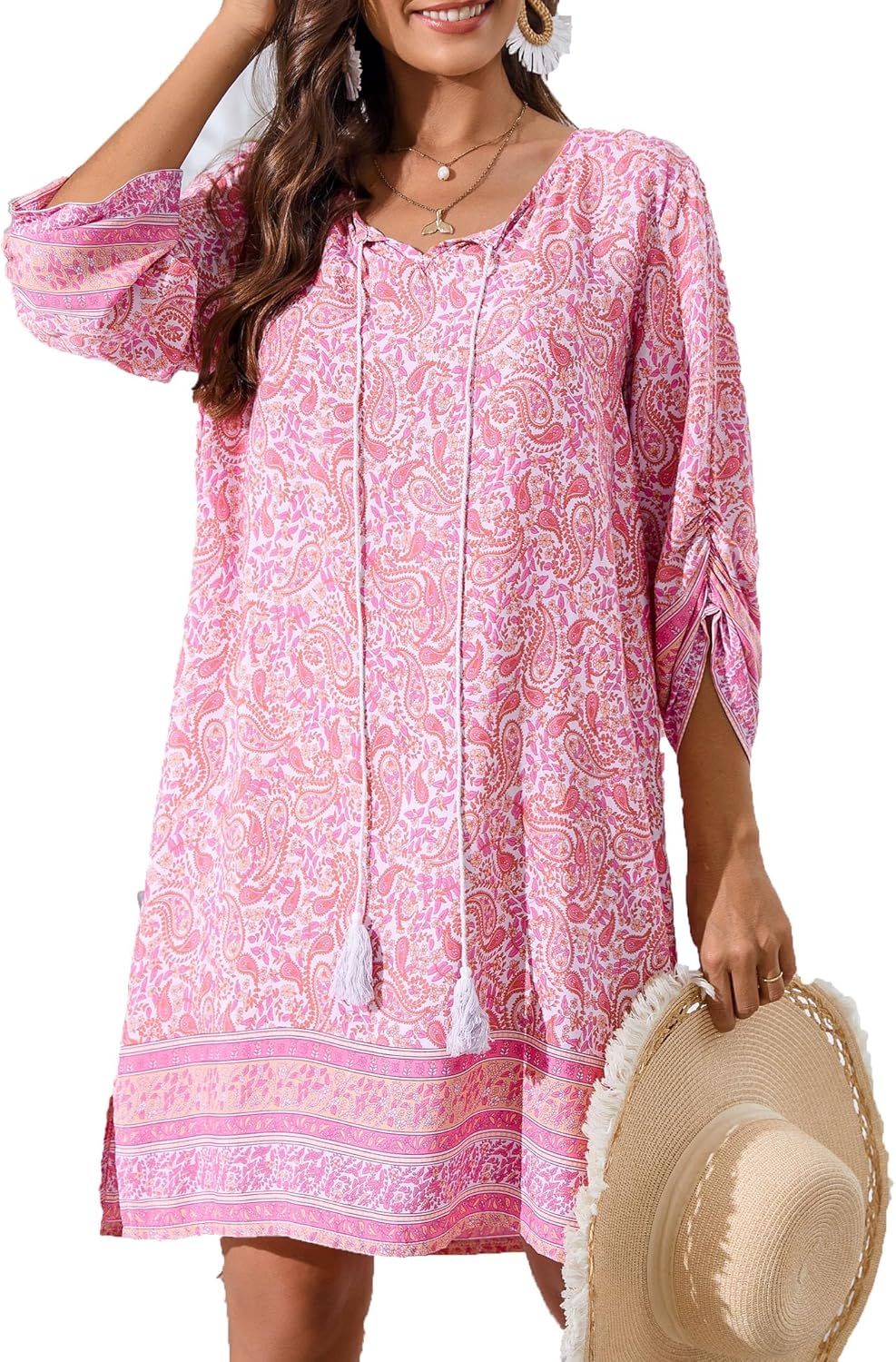 Savannah Robe Bohème Femme – Robe d’Été Florale avec Manches 3/4 et Col V