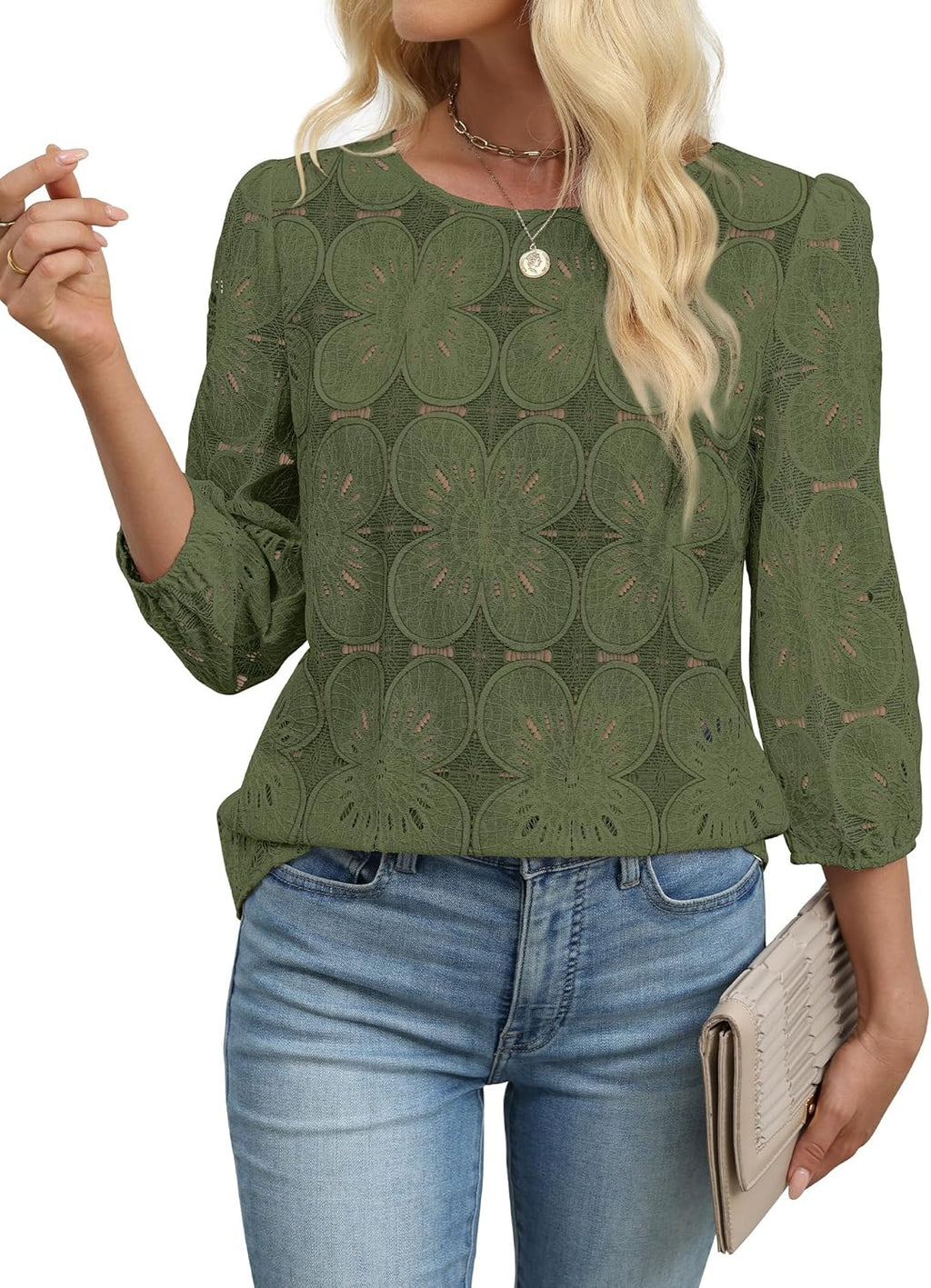 Magdalene Blouse Femme Dentelle Sangallo – Manches 3/4, Top Élégant Décontracté Estival