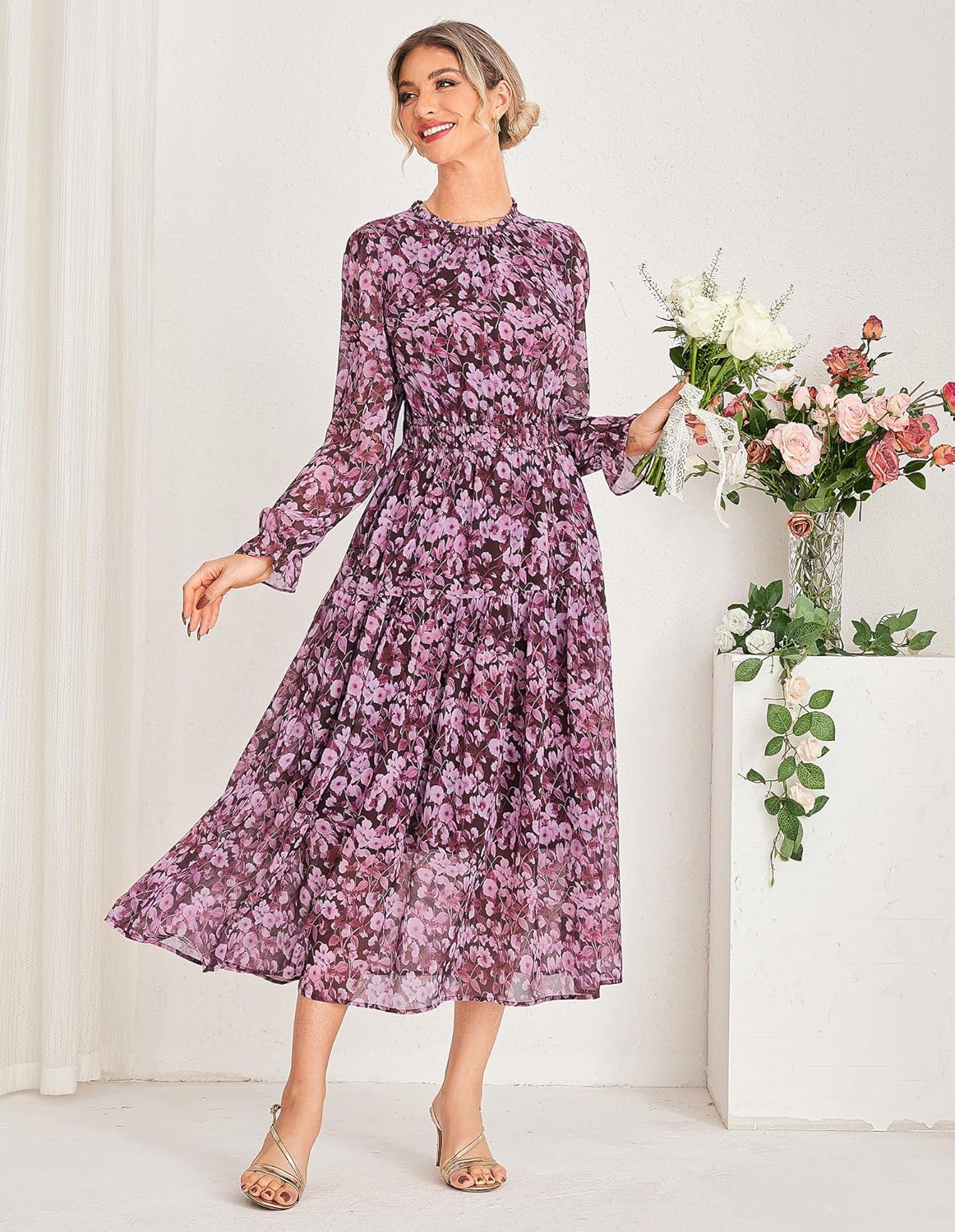 Chiara Women's Maxi Chiffon Dress – Elegant Floral Long Sleeve Dress