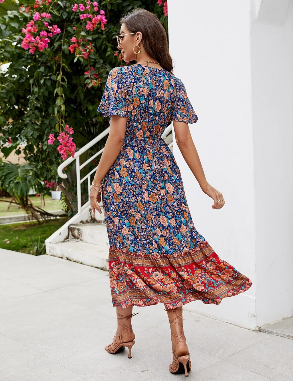 Elisa Vestito Boho Midi da Donna – Abito Estivo Floreale con Scollo V e Volant