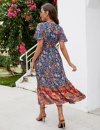Elisa Vestito Boho Midi da Donna – Abito Estivo Floreale con Scollo V e Volant