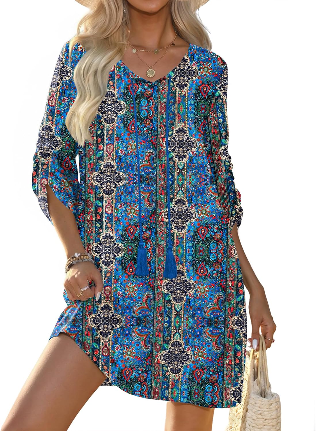 Bianca Robe Femme – Tunique Bohème Florale, Col V, Manches 3/4 Décontractée