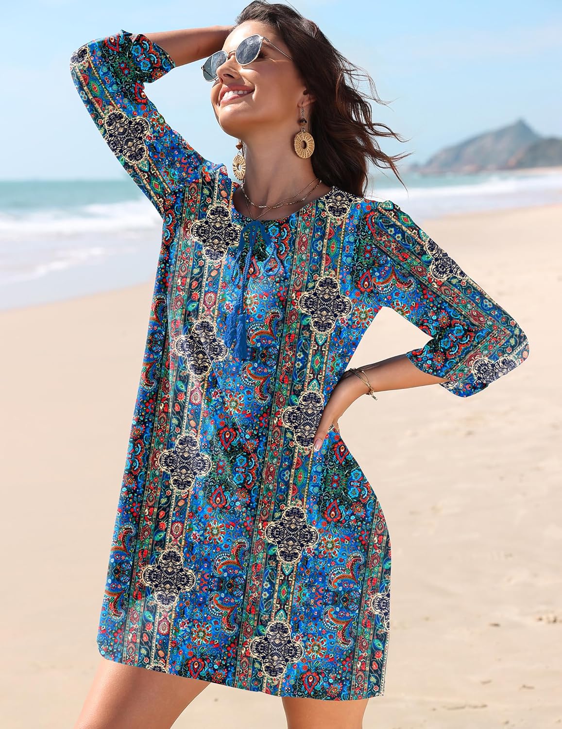 Bianca Robe Femme – Tunique Bohème Florale, Col V, Manches 3/4 Décontractée