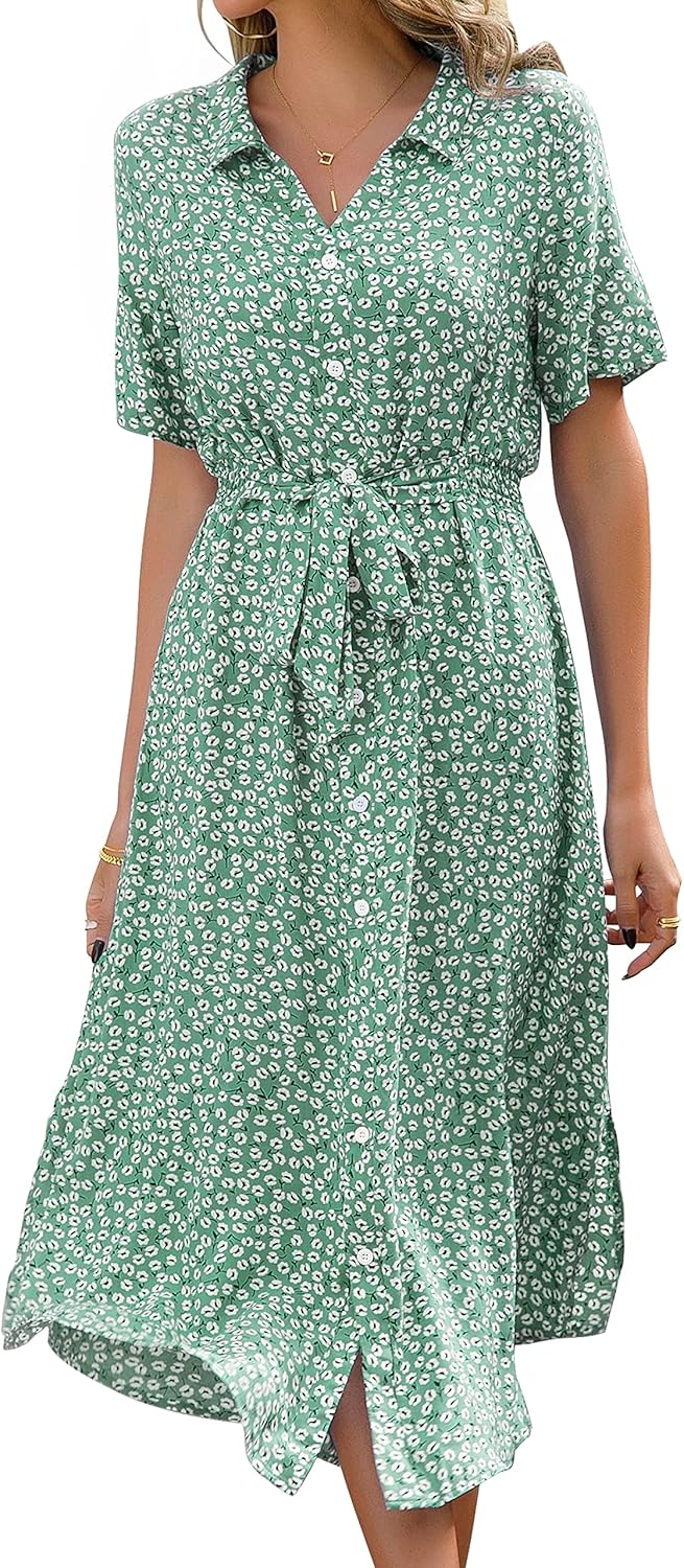 Wena vestido de verano para mujer – vestido midi floral con escote en V, cinturón y abertura