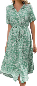 Wena vestido de verano para mujer – vestido midi floral con escote en V, cinturón y abertura