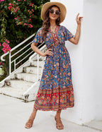 Elisa Vestito Boho Midi da Donna – Abito Estivo Floreale con Scollo V e Volant