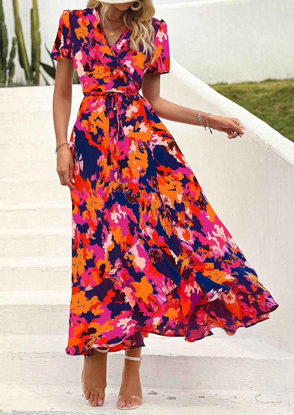 Madriana Women's Maxi Floral Dress – V-Neck, Wrap, Slit, A-Line Summer