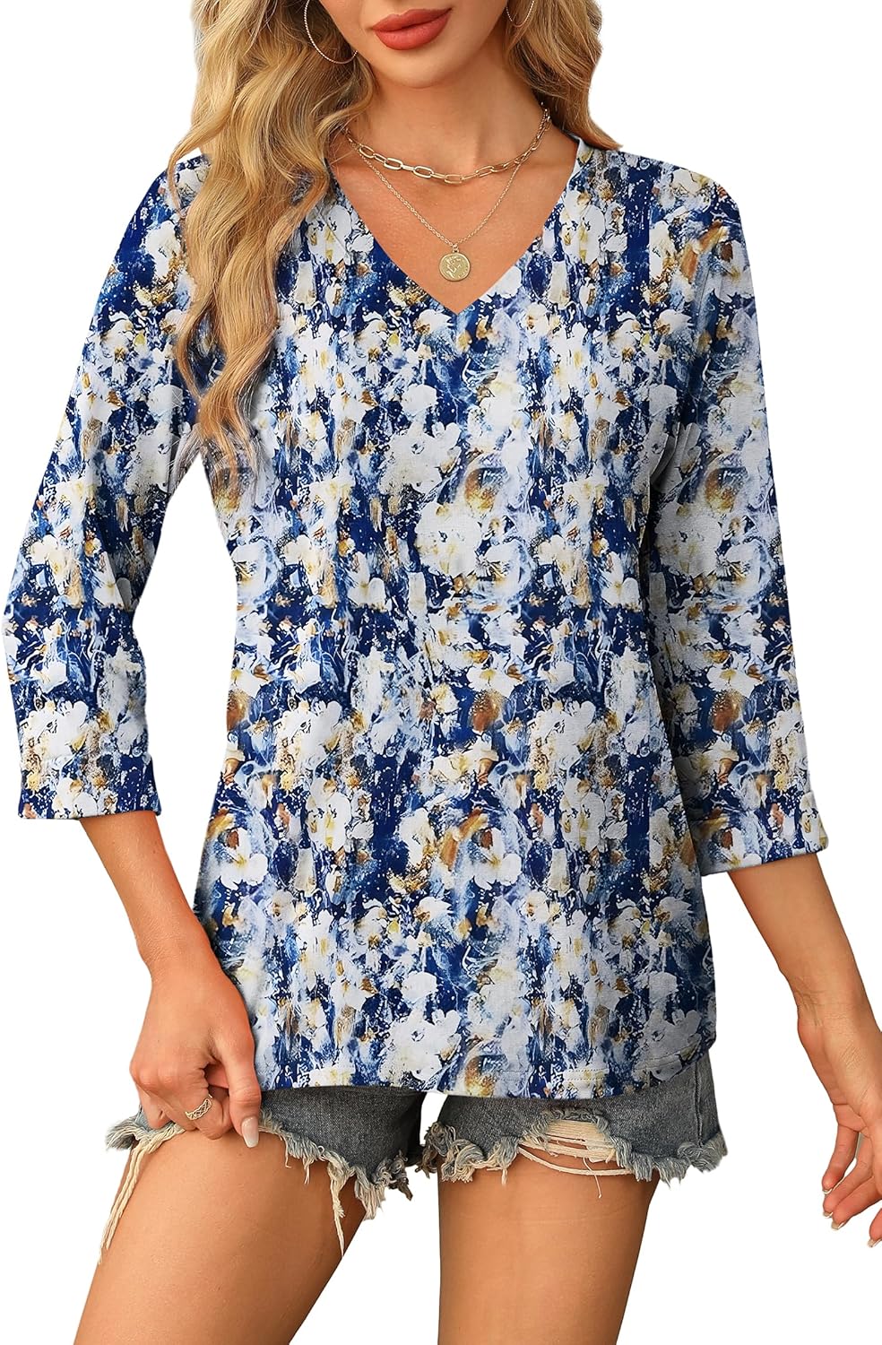Claudia Tunica Donna – Scollo V, Maniche 3/4, Blusa Casual Loose Fit Base