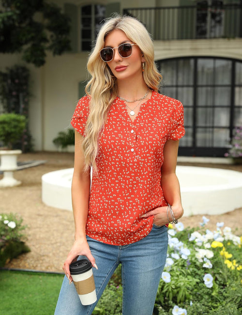 Blouse Femme Élégante Beatrice – Col V, Boutons, Manches Courtes, Décontracté Chic