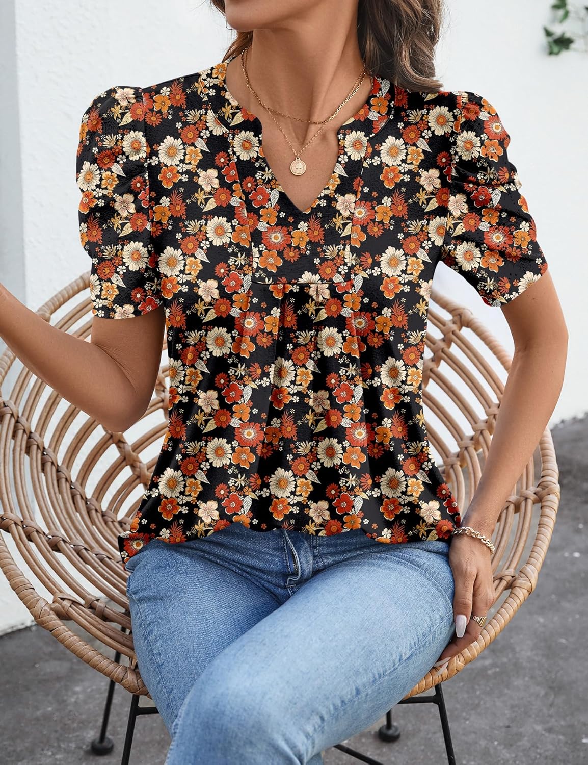 Valentina Top Femme – Col V, Manches Bouffantes, Blouse Décontractée Élégante