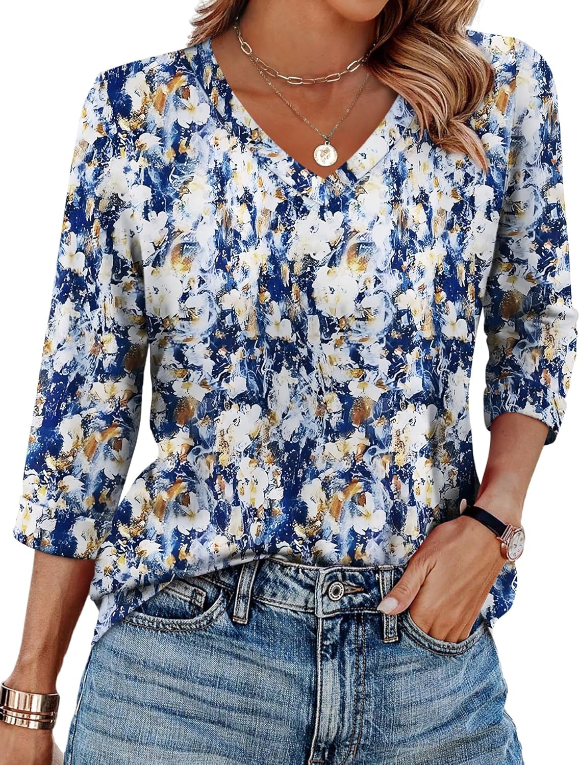 Claudia Tunica Donna – Scollo V, Maniche 3/4, Blusa Casual Loose Fit Base