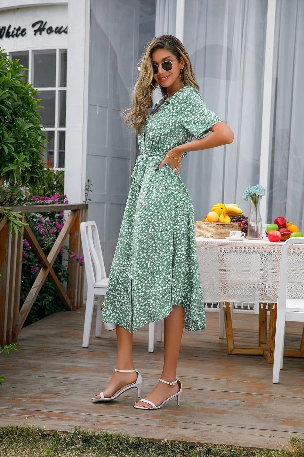 Wena vestido de verano para mujer – vestido midi floral con escote en V, cinturón y abertura