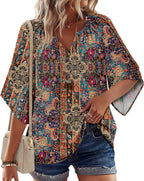 Sofia Blusa Donna – Boho Floreale, Scollo V, Maniche 3/4, Tunica Casual