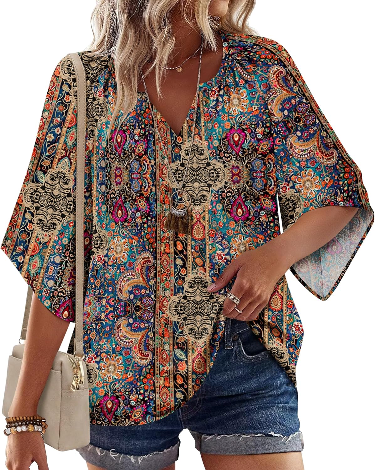Sofia Blusa Donna – Boho Floreale, Scollo V, Maniche 3/4, Tunica Casual
