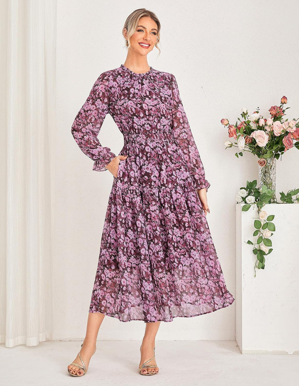 Chiara Women's Maxi Chiffon Dress – Elegant Floral Long Sleeve Dress